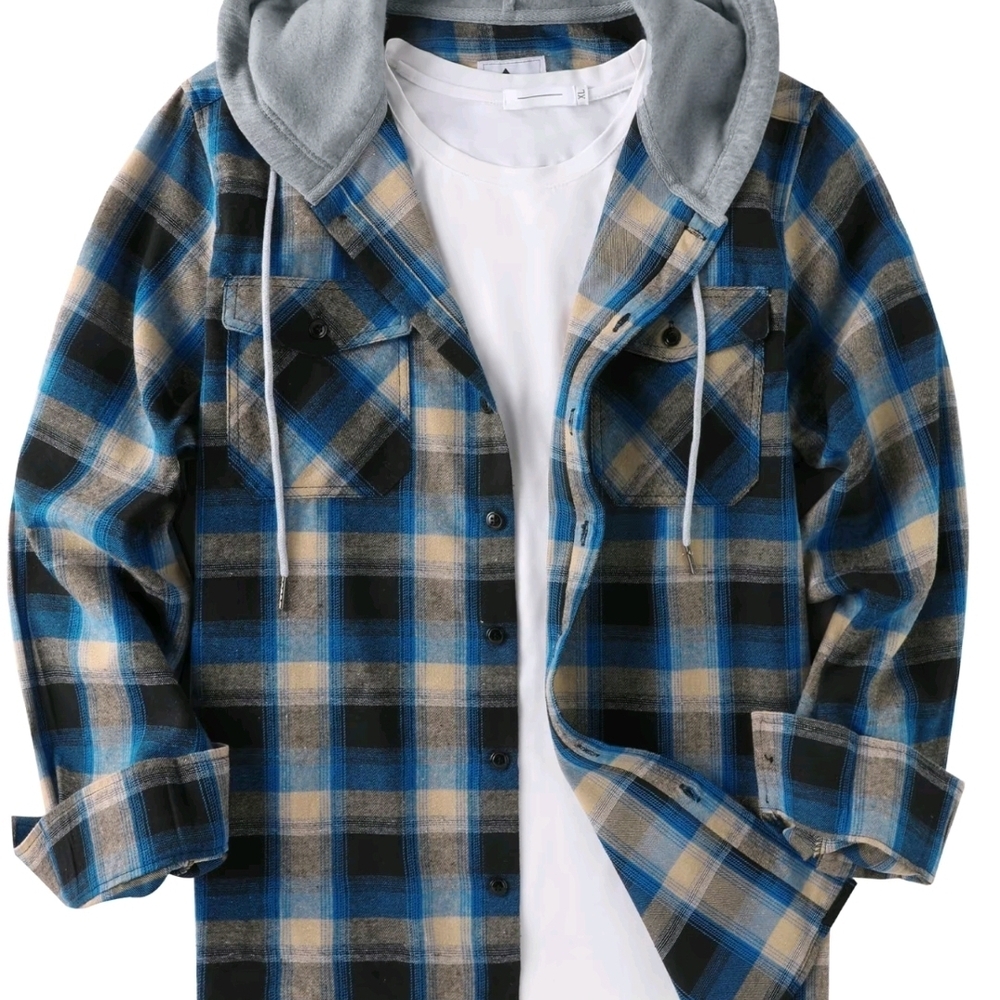Men's Blue Plaid Hooded Jacket